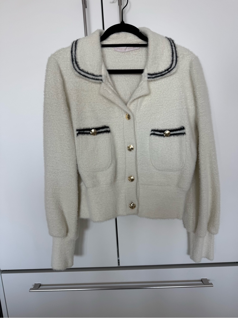 Ivory Bouclé Sailor-Collar Cardigan Jacket with Contrast Trim